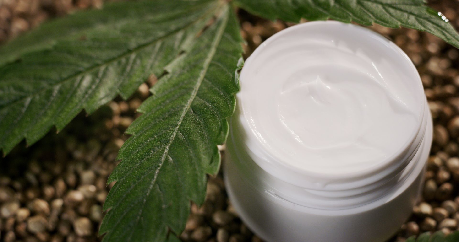 A white jar of cream resting on a bed of hemp seeds next to a green cannabis leaf.