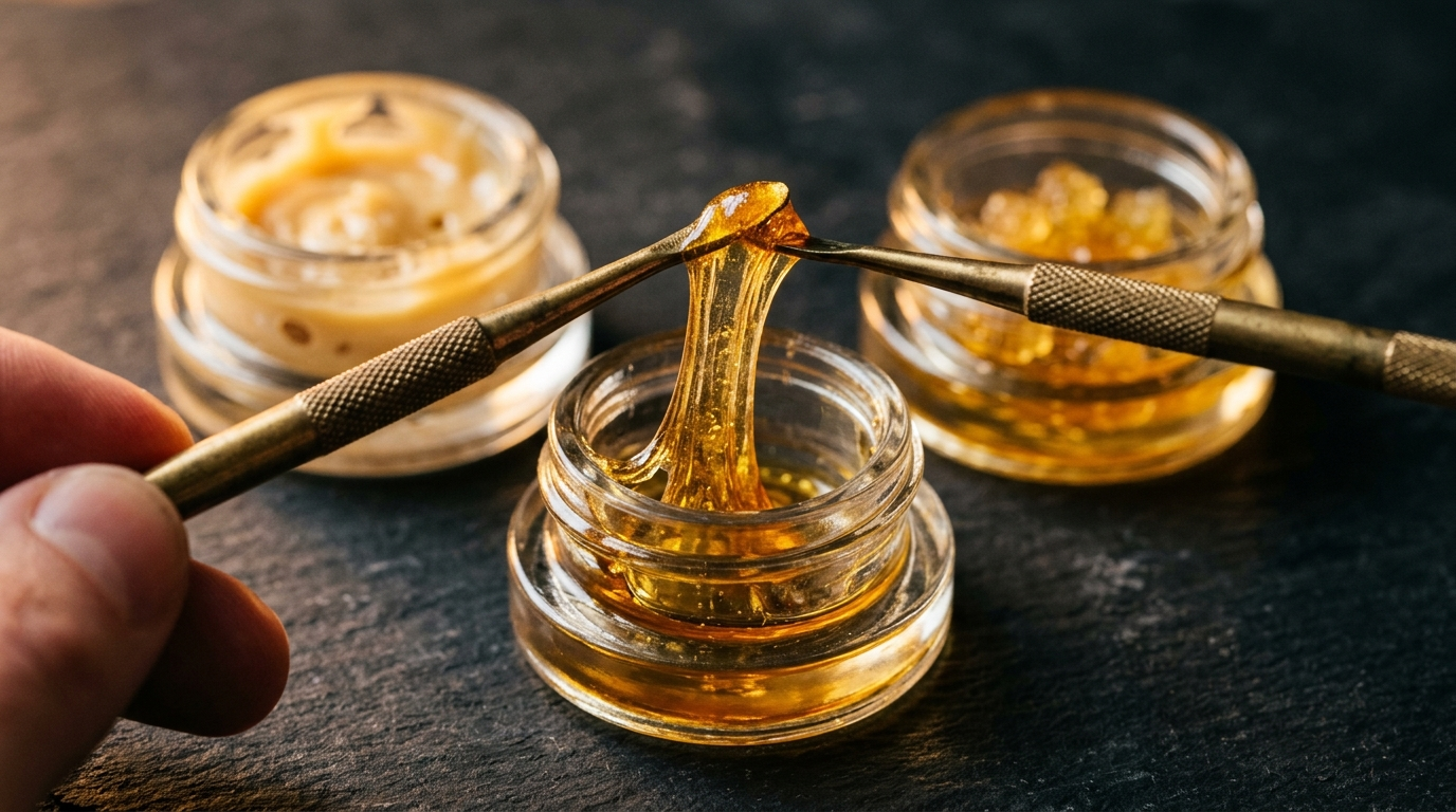Golden cannabis extract being pulled from a jar on a dab tool, showing live resin texture