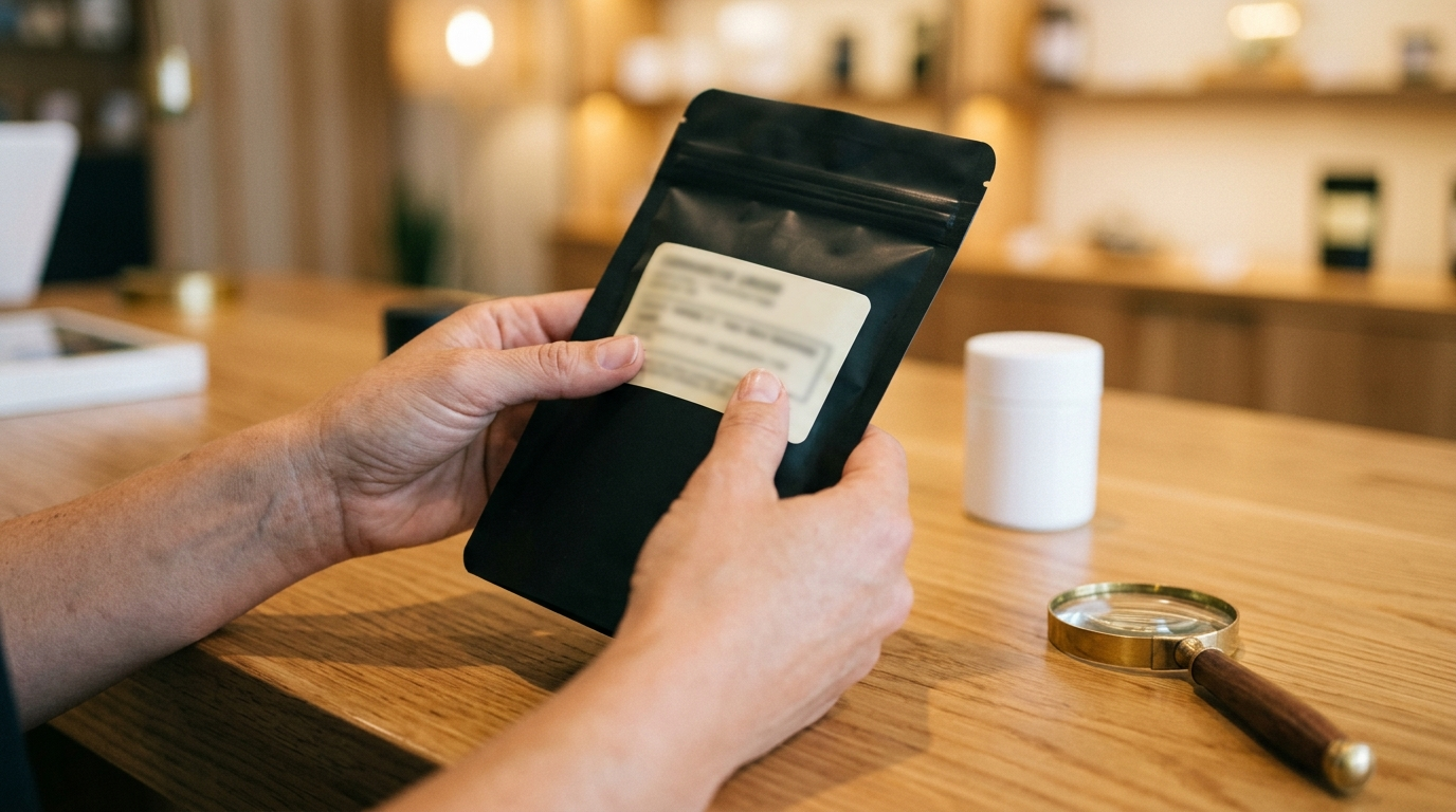 Hands examining the label on a plain cannabis product package