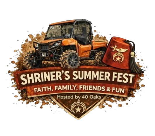 Shriner's Summer Fest logo: Orange ATV, fez, mud splash. Text: Faith, Family, Friends & Fun, hosted by 40 Oaks.