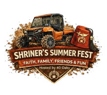 Shriner's Summer Fest logo: Orange ATV, fez, mud splash. Text: Faith, Family, Friends & Fun, hosted by 40 Oaks.