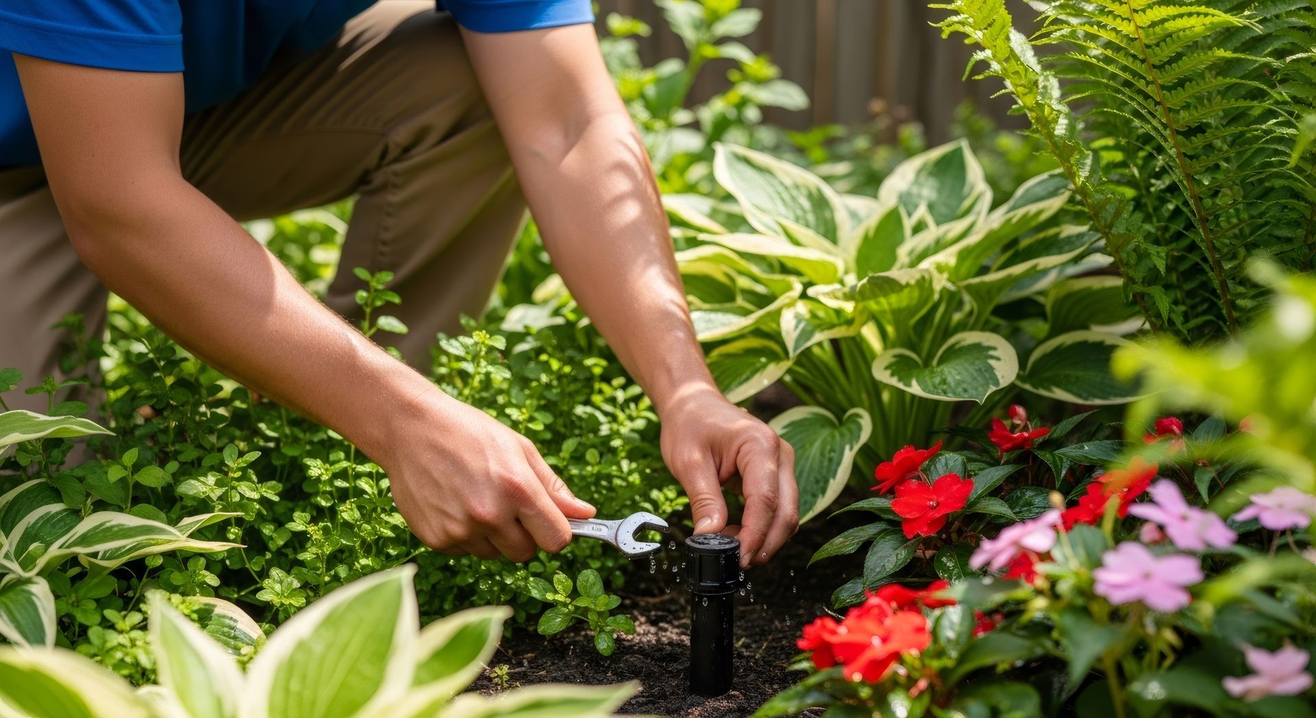 Gardener planting flowers in a lush garden bed with red and pink blooms