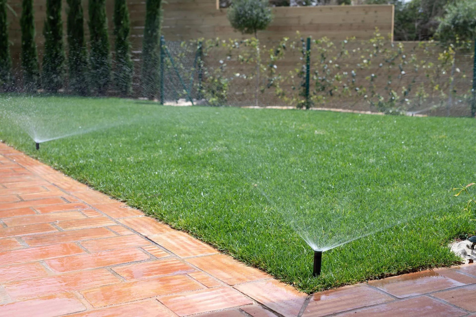 Lawn sprinklers watering a green yard beside a brick patio and wooden fence.