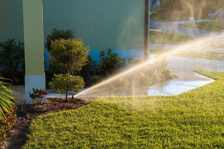 Sprinkler spraying water over bright green grass in a garden