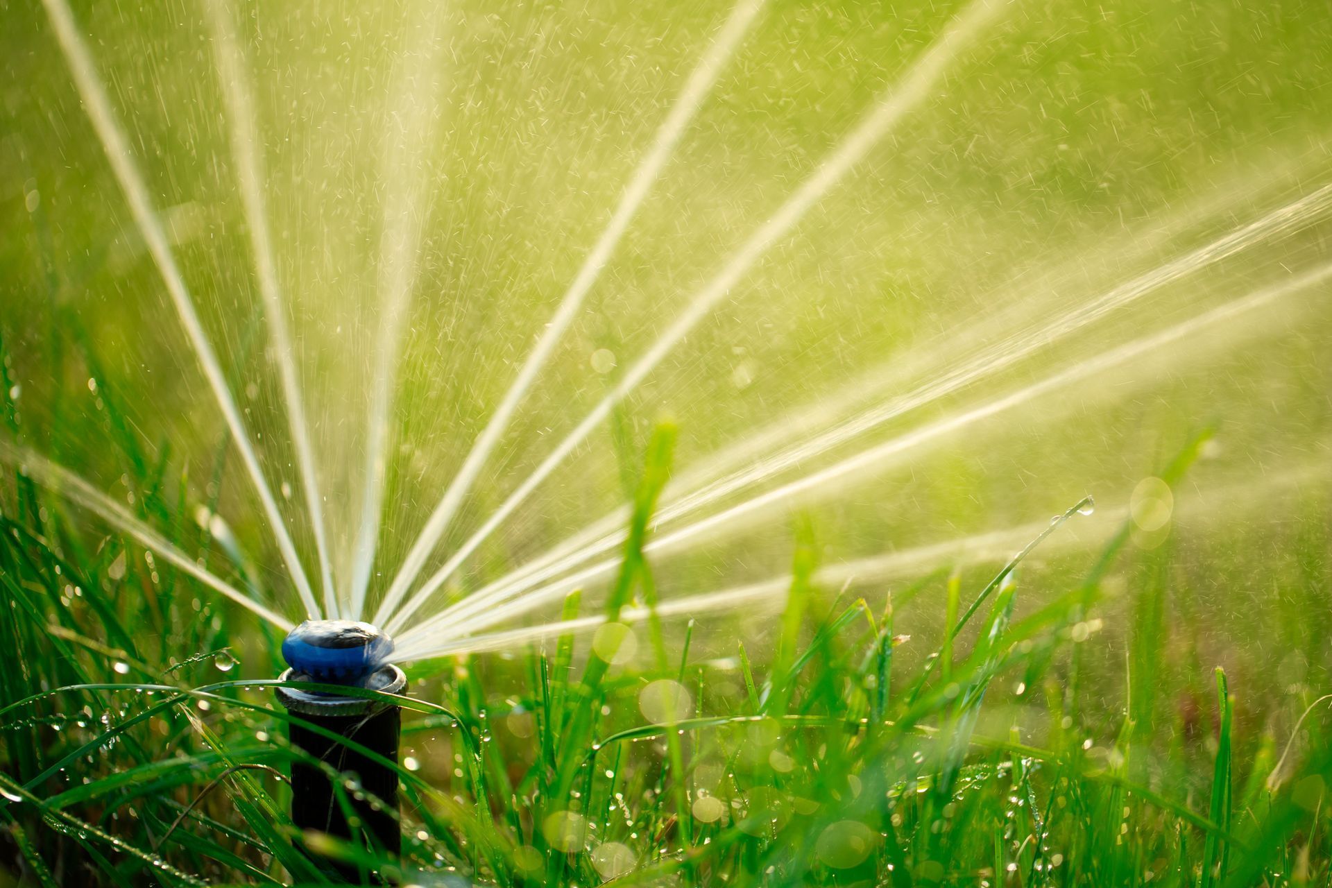 Lawn sprinkler spraying water over green grass in bright sunlight