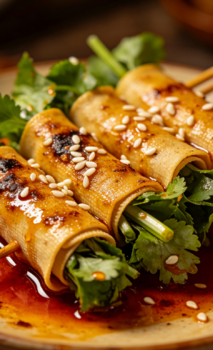 Three rolled crepes topped with sesame seeds on a bed of cilantro, glazed with sauce