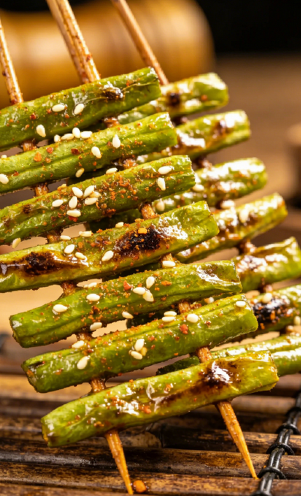 Grilled asparagus spears on wooden skewers, topped with sesame seeds, on a rustic tray
