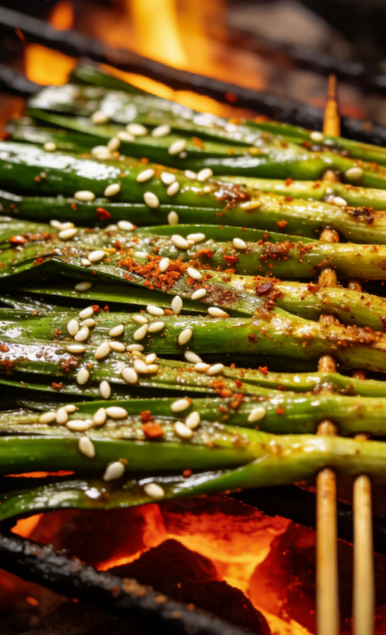 Grilled green onions topped with sesame seeds cooking over open flames