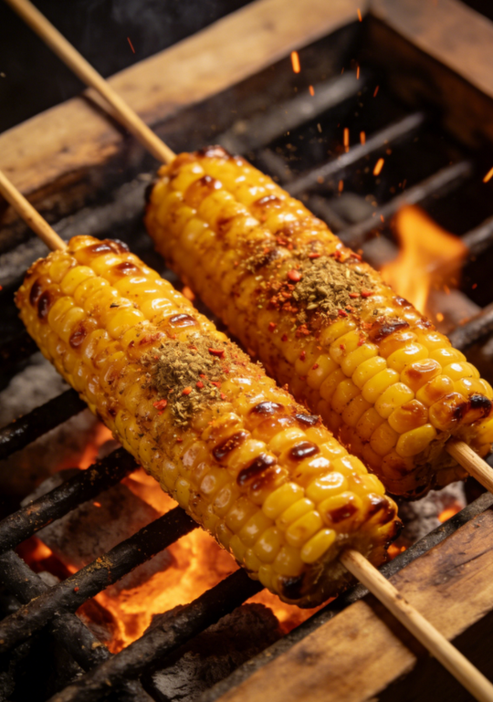 Grilled corn on skewers over open flames, brushed with seasoning and charred spots