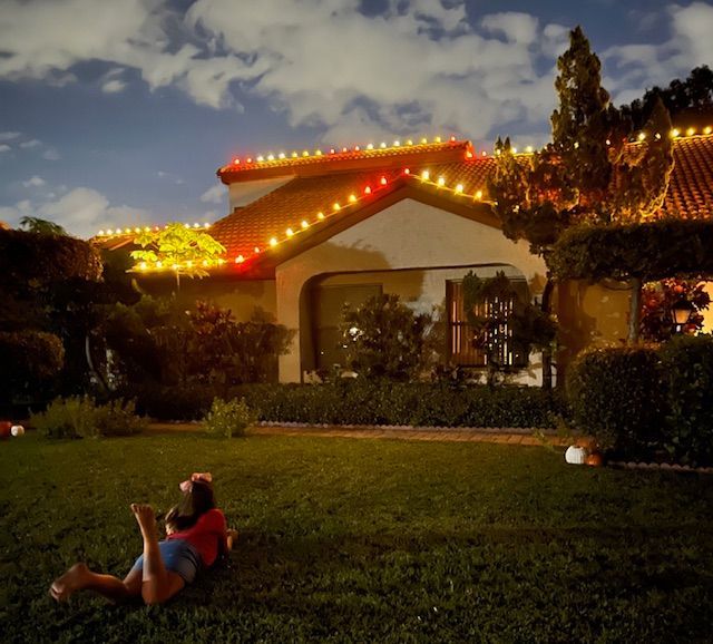 House with Christmas lights.
