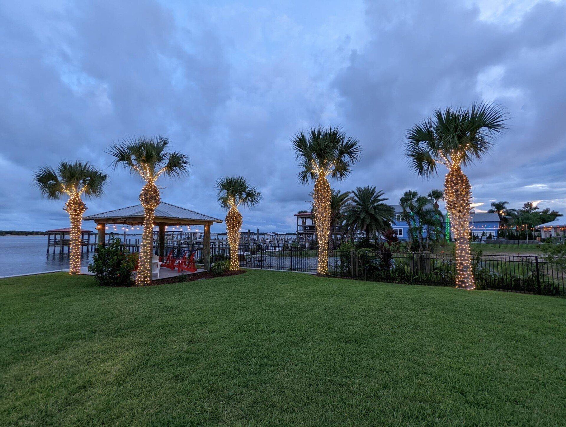 Palm trees and gazebo decorated with string lights