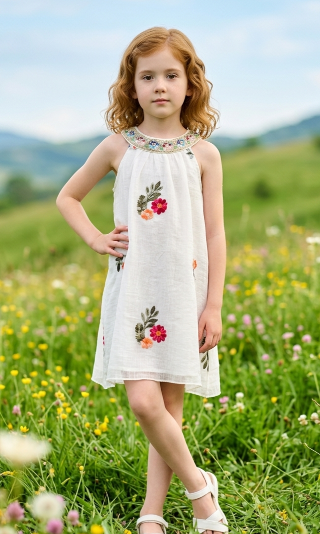 Een lachend peutertje in een wit jurkje met bloemenprint staat op blote voeten in een knusse kinderkamer.