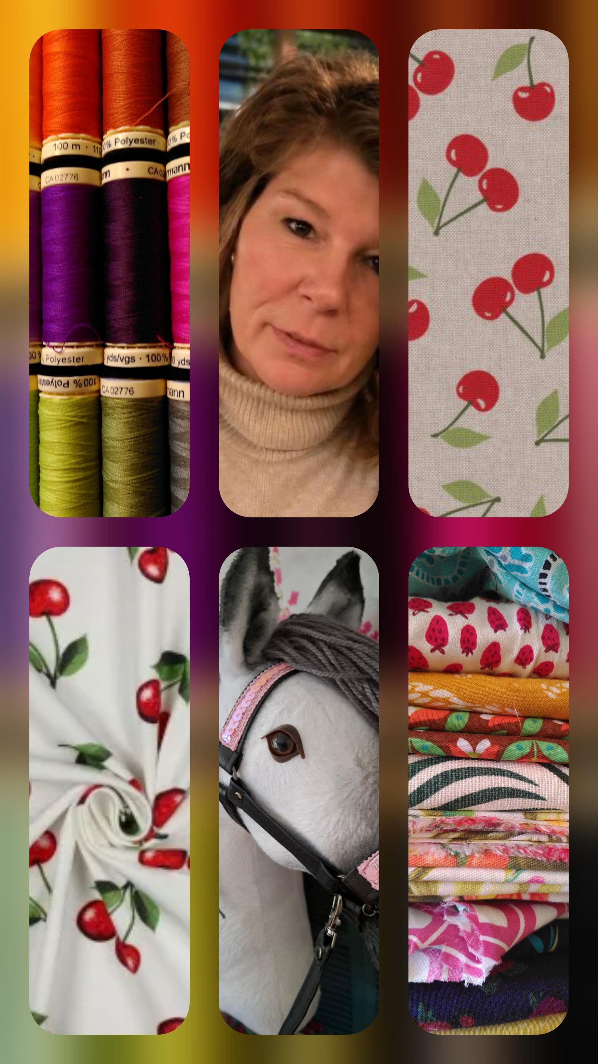 Zes hoge decoratieve panelen: stoffen, kersen, een vrouwenportret en een illustratie van een wit paard.