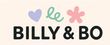 Billy & Bo-logo met pastelkleurig hart, sierlijke letters "le" en een bloem boven dikke zwarte tekst.