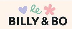 Billy & Bo-logo met pastelkleurig hart, sierlijke letters "le" en een bloem boven dikke zwarte tekst.