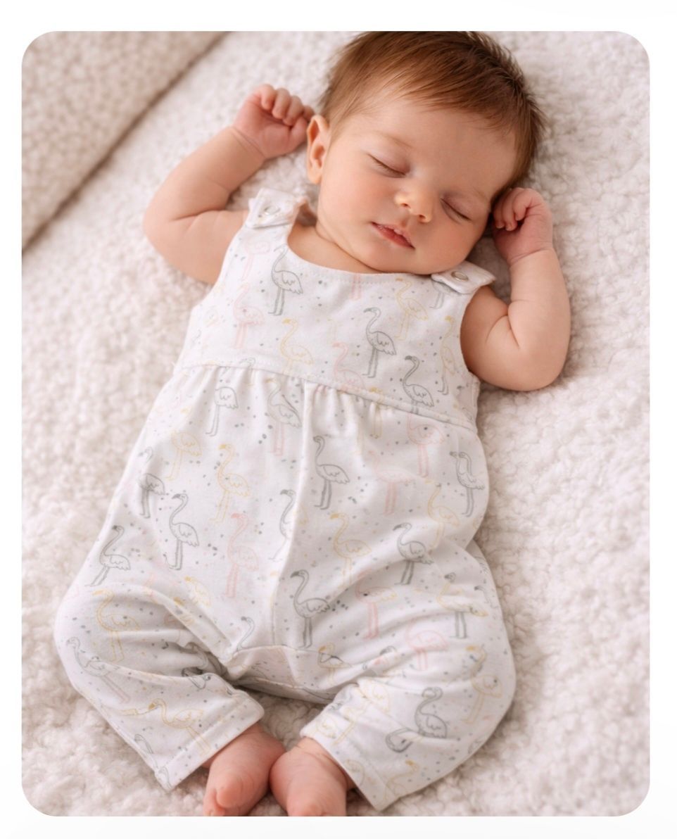 Slapende baby in een wit rompertje met patroon ligt op een zachte crèmekleurige deken.