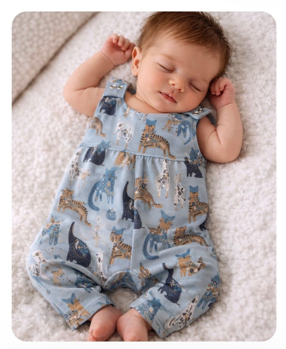 Een slapende baby in een lichtblauw rompertje met patroon ligt op een zachte witte deken met de armen omhoog.