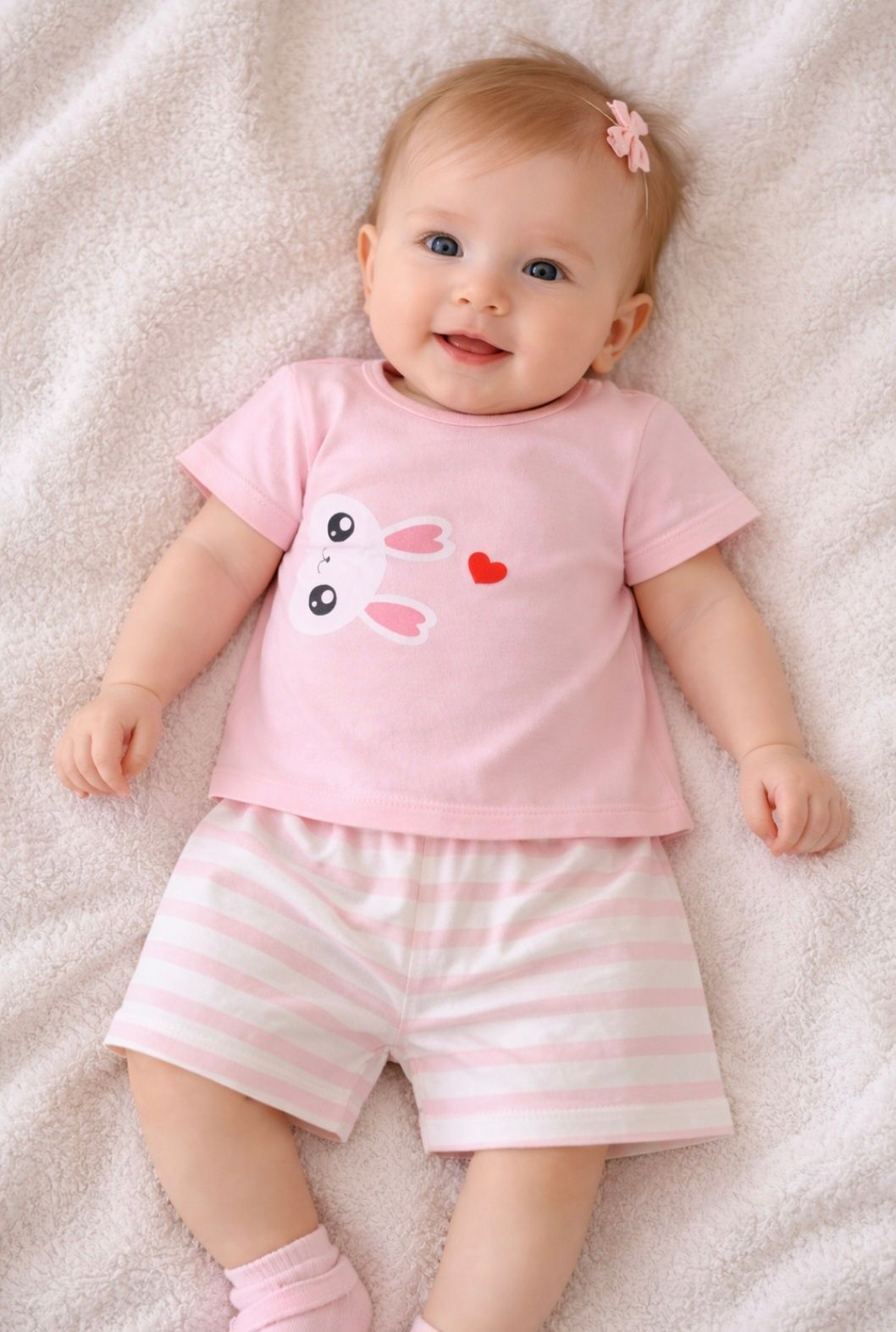 Baby in een roze outfit ligt op een zachte deken en lacht naar de camera.