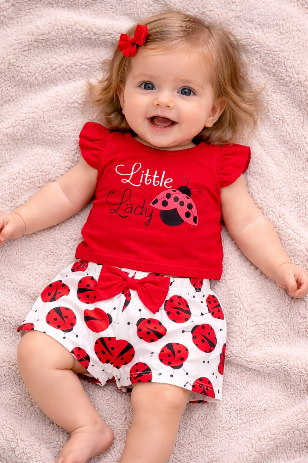 Een lachend baby'tje in een rood topje en een rokje met lieveheersbeestjesmotief zit buiten op een roze deken.