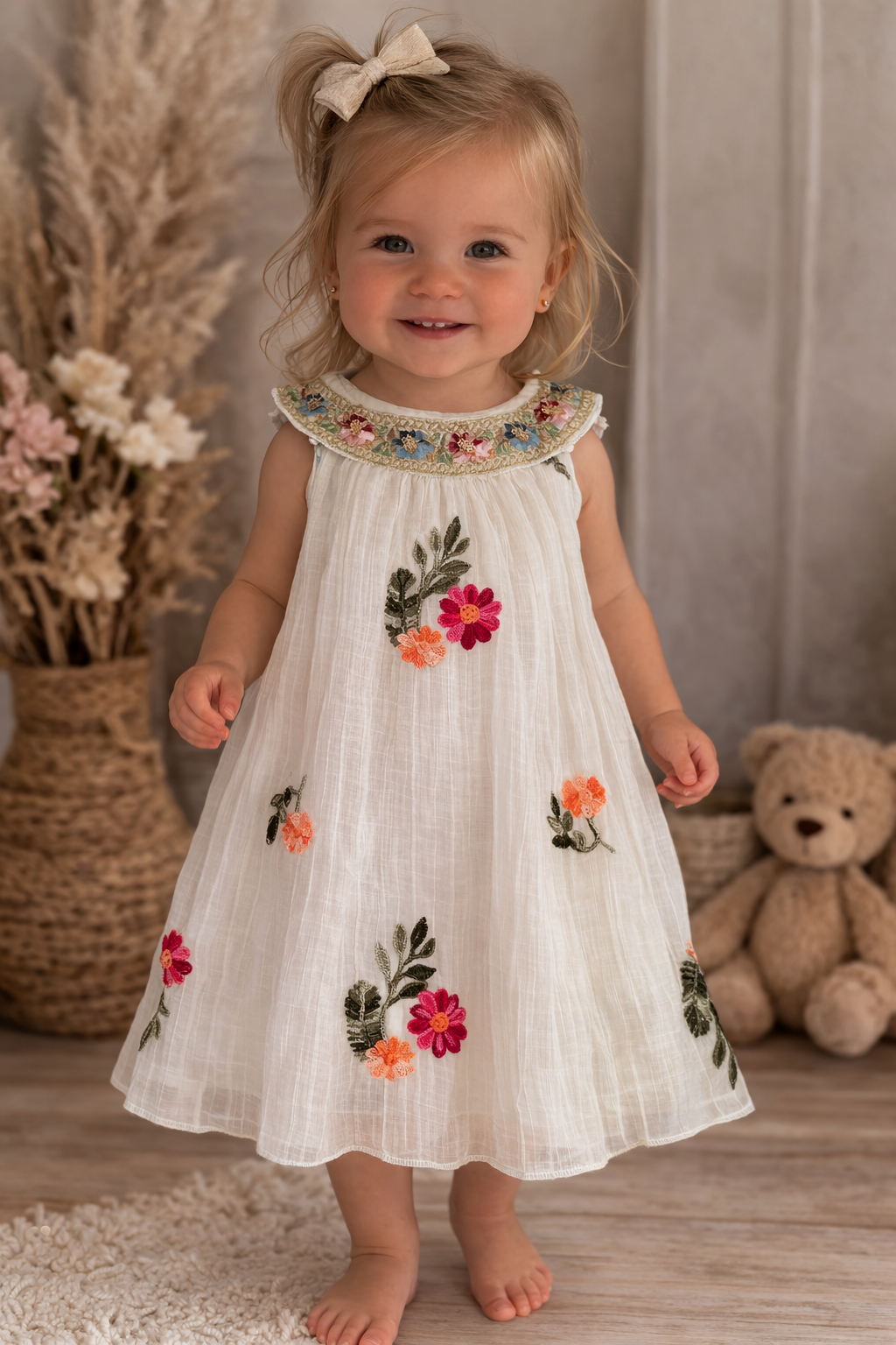 Een lachend peutertje in een wit jurkje met bloemenprint staat op blote voeten in een knusse kinderkamer.