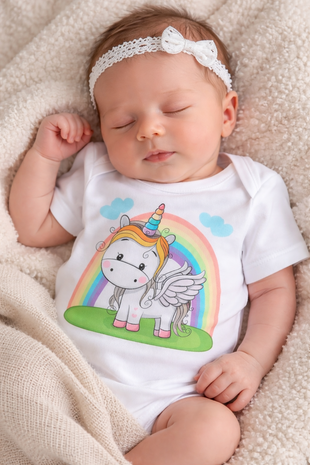 Een slapende baby in een wit rompertje en hoofbandje ligt op een beige deken met een kleurrijke eenhoorn-regenboogprint.
