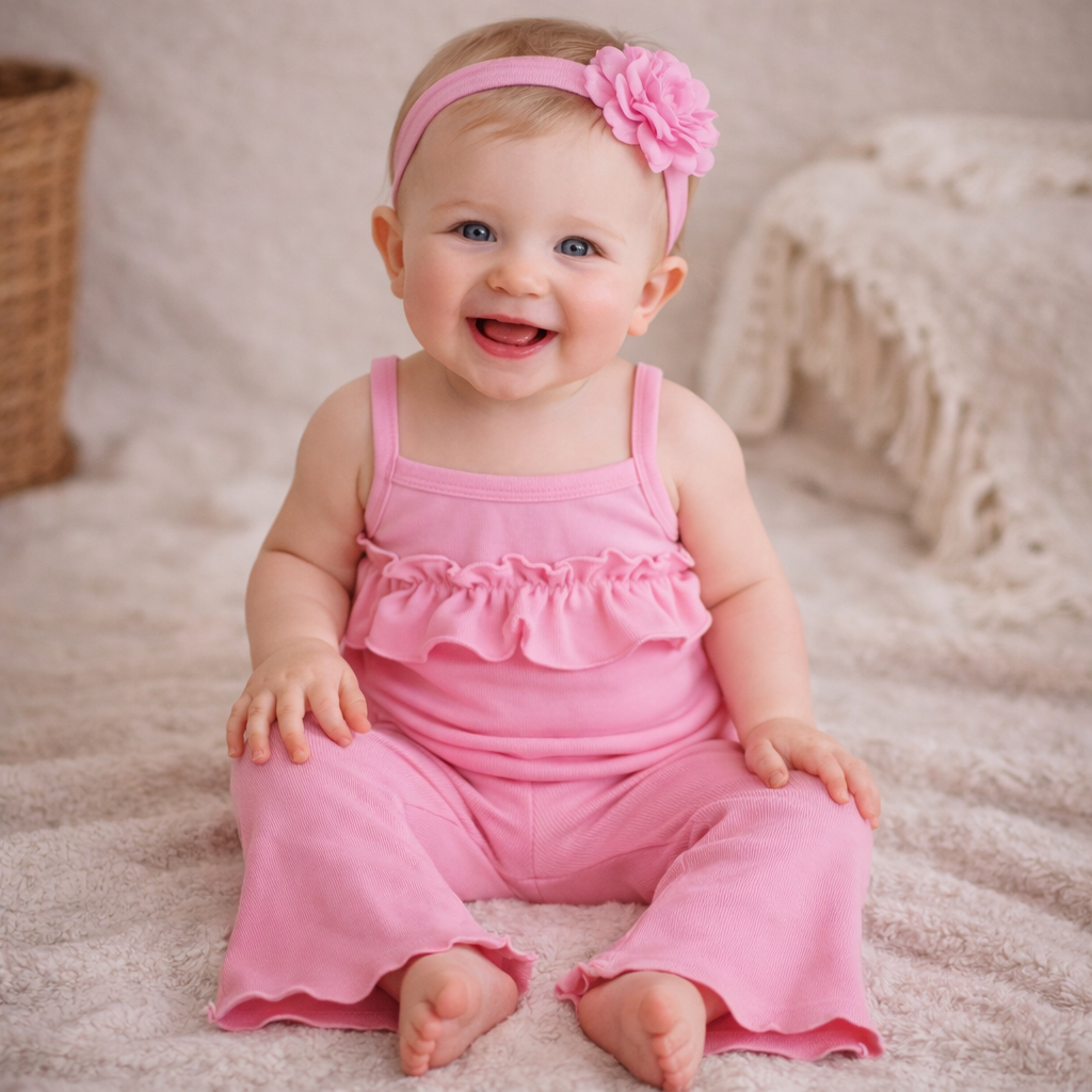 Een lachende baby in een roze outfit met een haarbandje zit op een zachte deken in een knusse kamer.