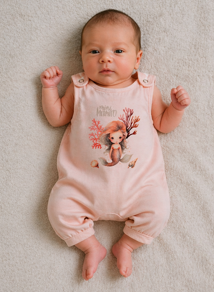 De baby ligt op een zachte beige deken, gekleed in een roze romper met hertenprint.