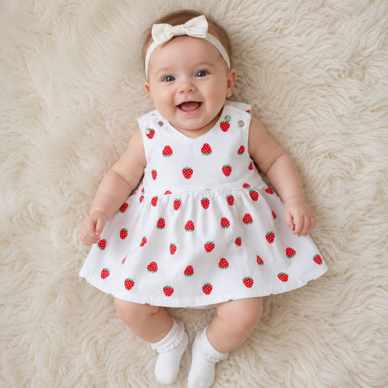Een lachende baby in een wit jurkje met aardbeienprint en een hoofdbandje ligt op een zachte crèmekleurige deken.