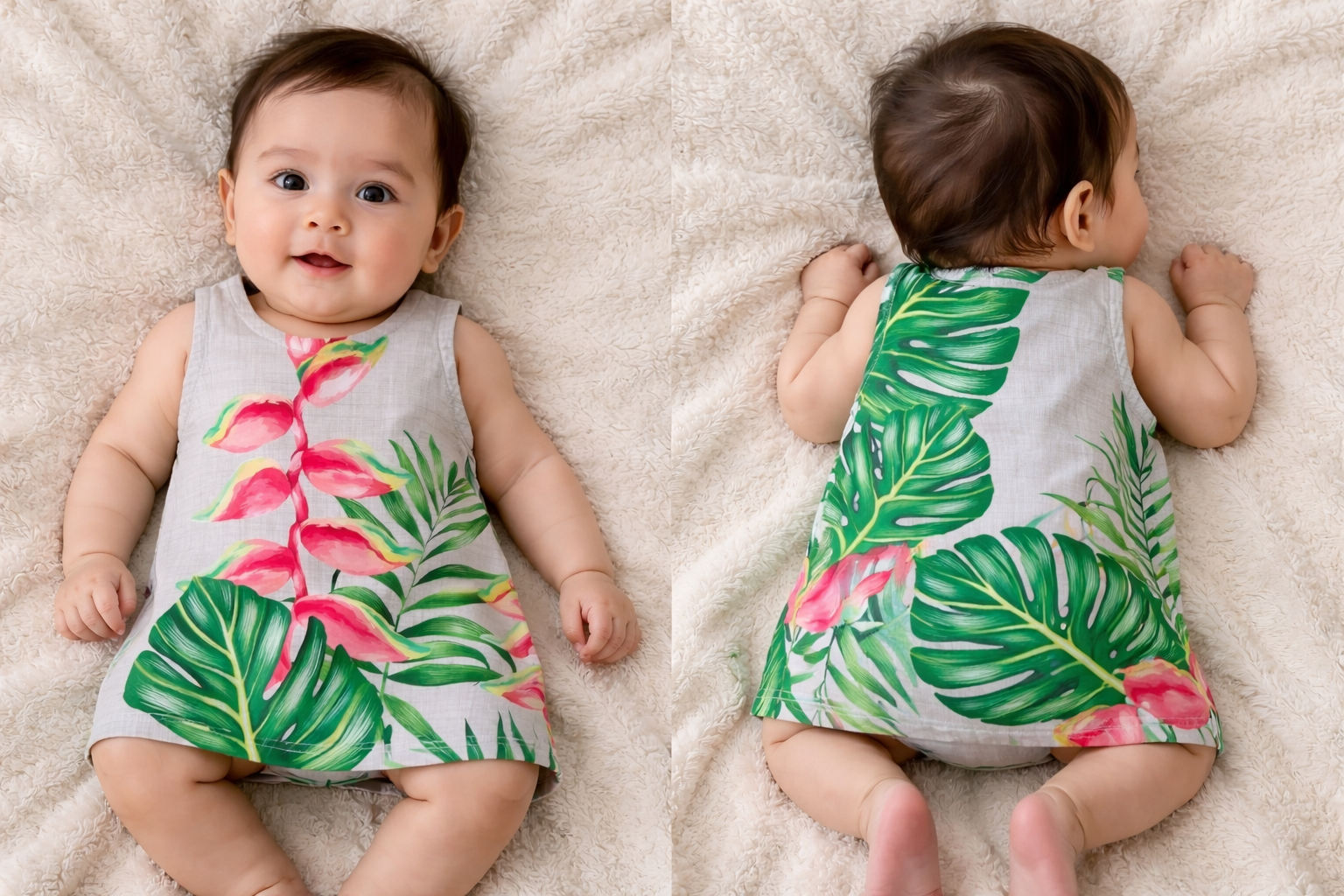 Baby in grijze romper met roze en groene bladprint, liggend op de buik en rug op een zachte deken.