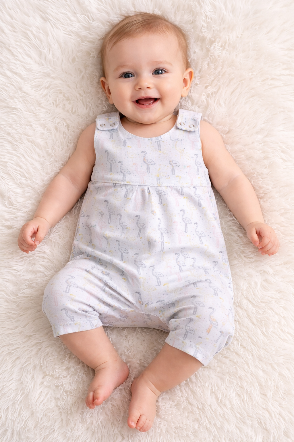 Slapende baby in een wit rompertje met patroon ligt op een zachte crèmekleurige deken.