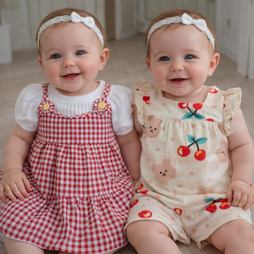 Twee lachende baby's in rode geruite en kersenprintpakjes zitten naast elkaar binnen.
