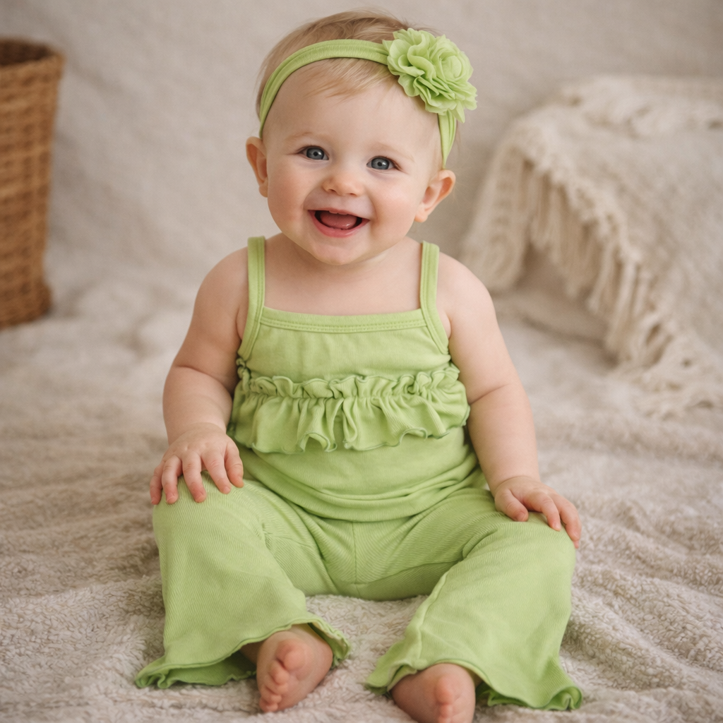 Een lachende baby in een lichtgroen pakje met hoofdbandje zit op een zachte beige deken.
