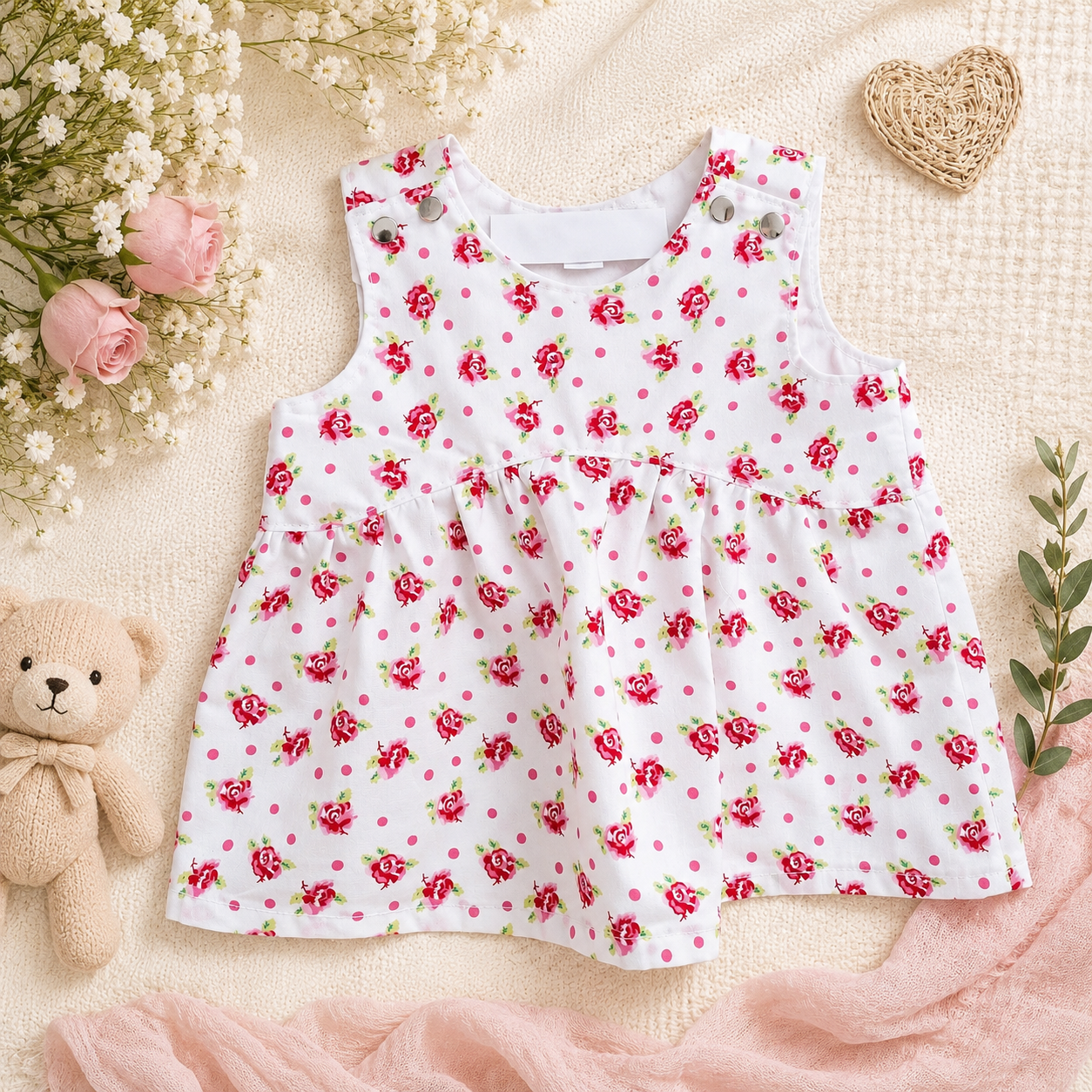 Een slapende baby in een wit jurkje met bloemenprint en een roze haarbandje ligt op een crèmekleurige deken.