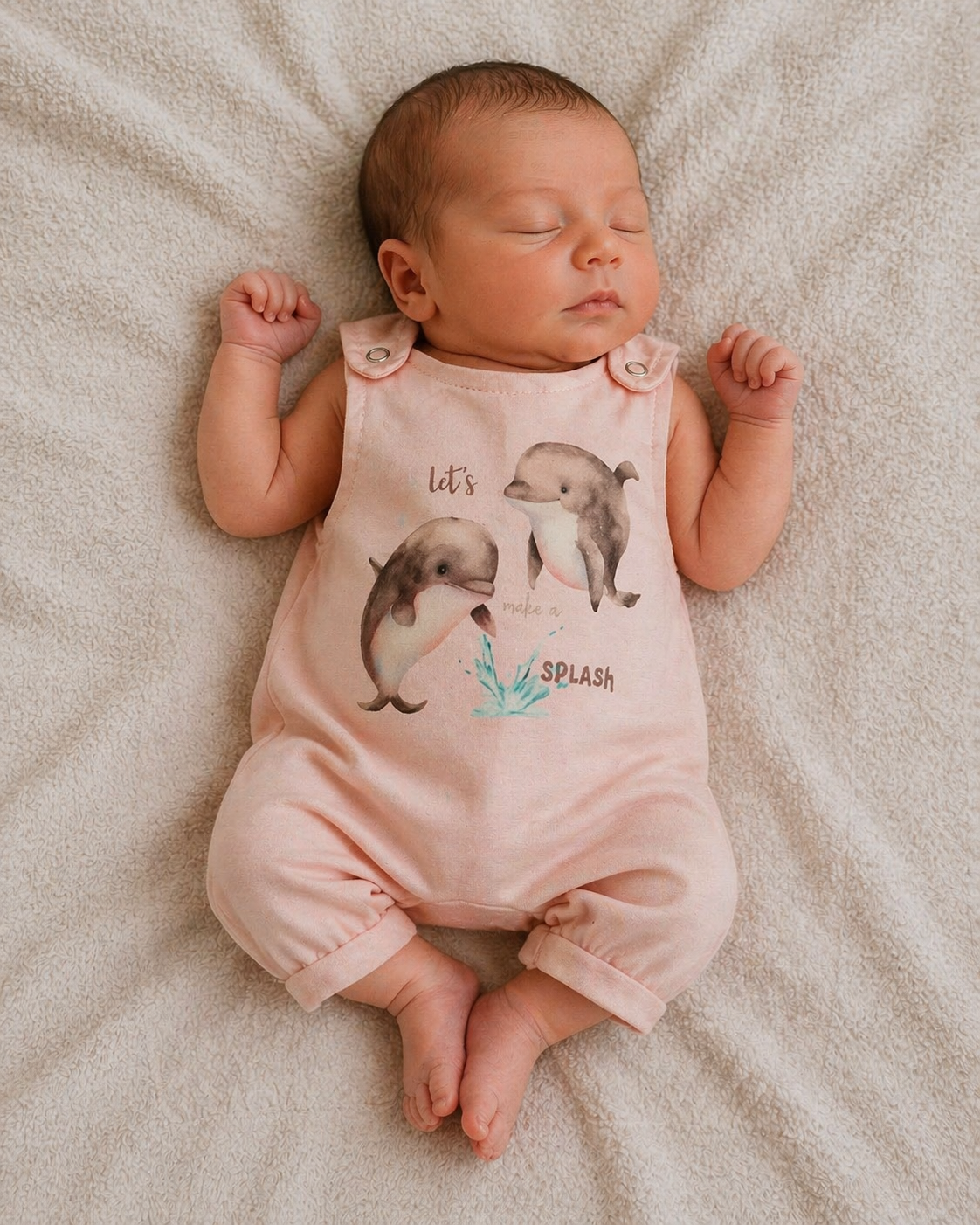Een slapende baby in een roze outfit ligt op een zachte witte deken.