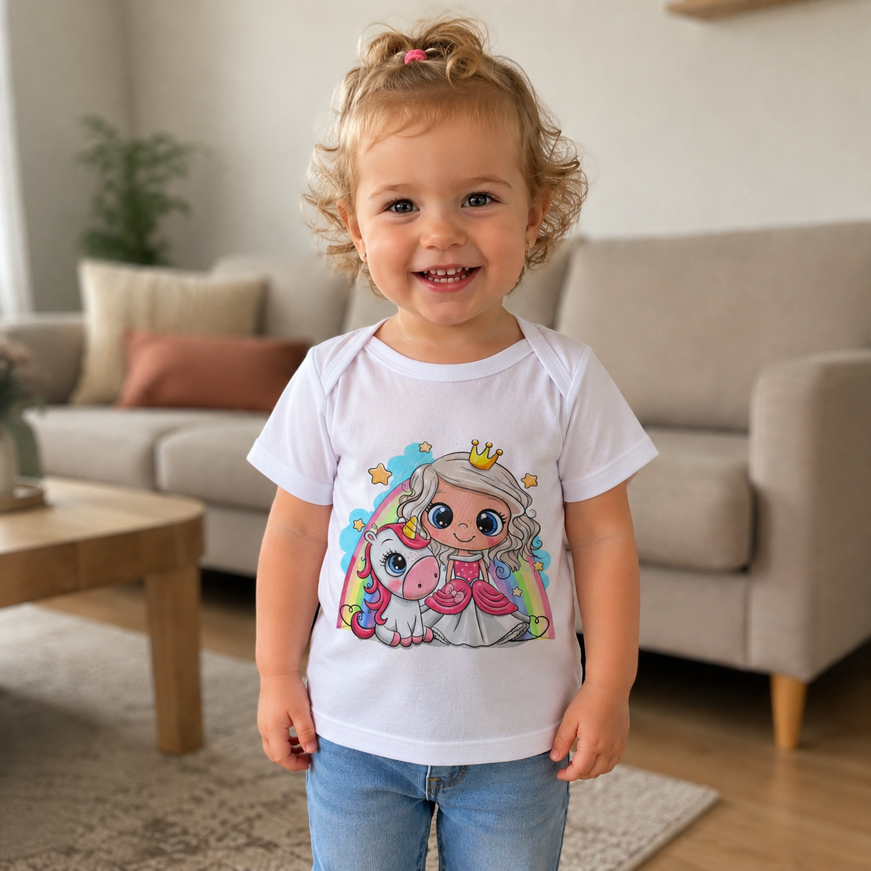 Een peuter lacht in de woonkamer, gekleed in een wit T-shirt met eenhoornmotief en een spijkerbroek.
