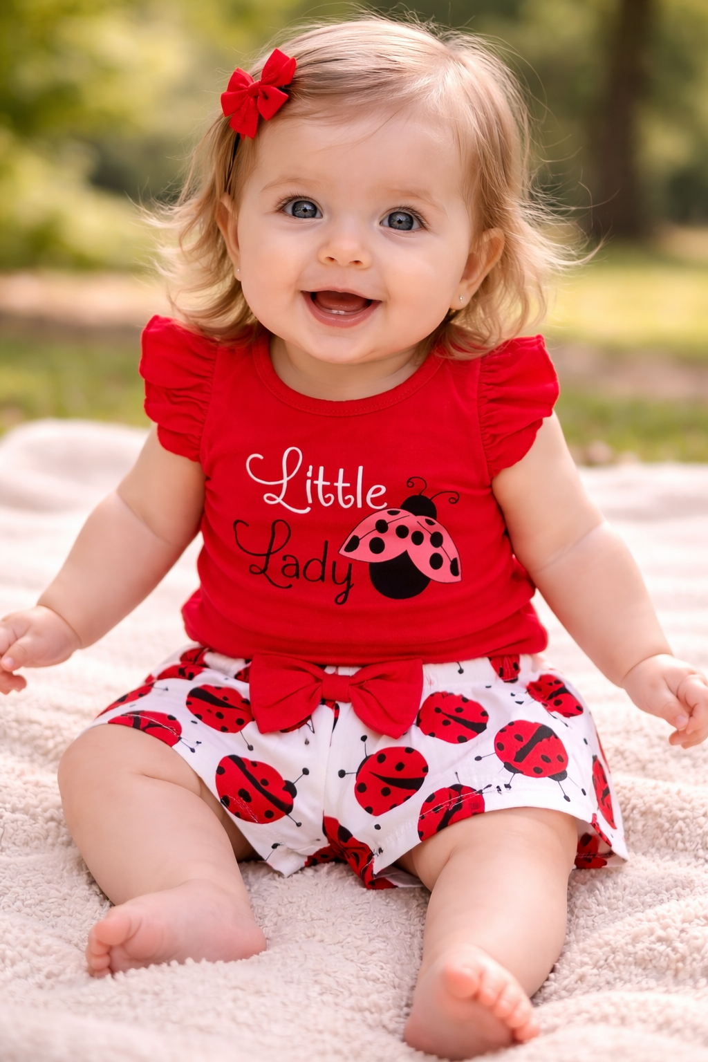 Een lachend baby'tje in een rood topje en een rokje met lieveheersbeestjesmotief zit buiten op een roze deken.