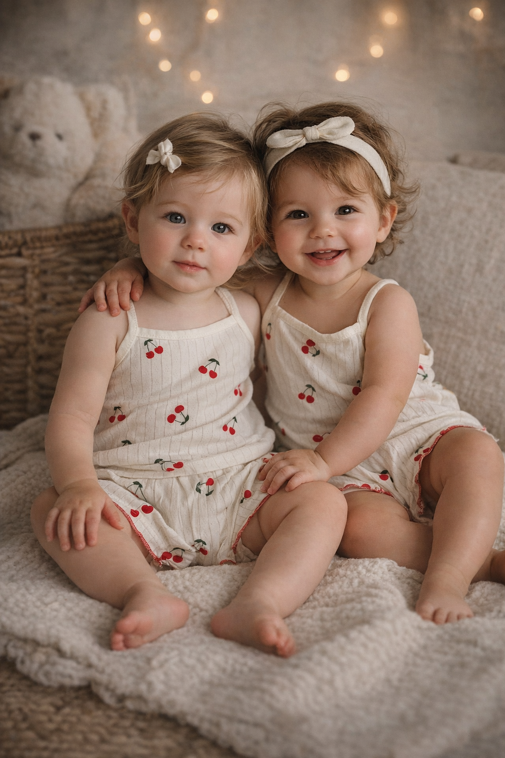 Twee lachende peuters in bijpassende witte outfits zitten op een zachte deken met warme lampjes op de achtergrond.