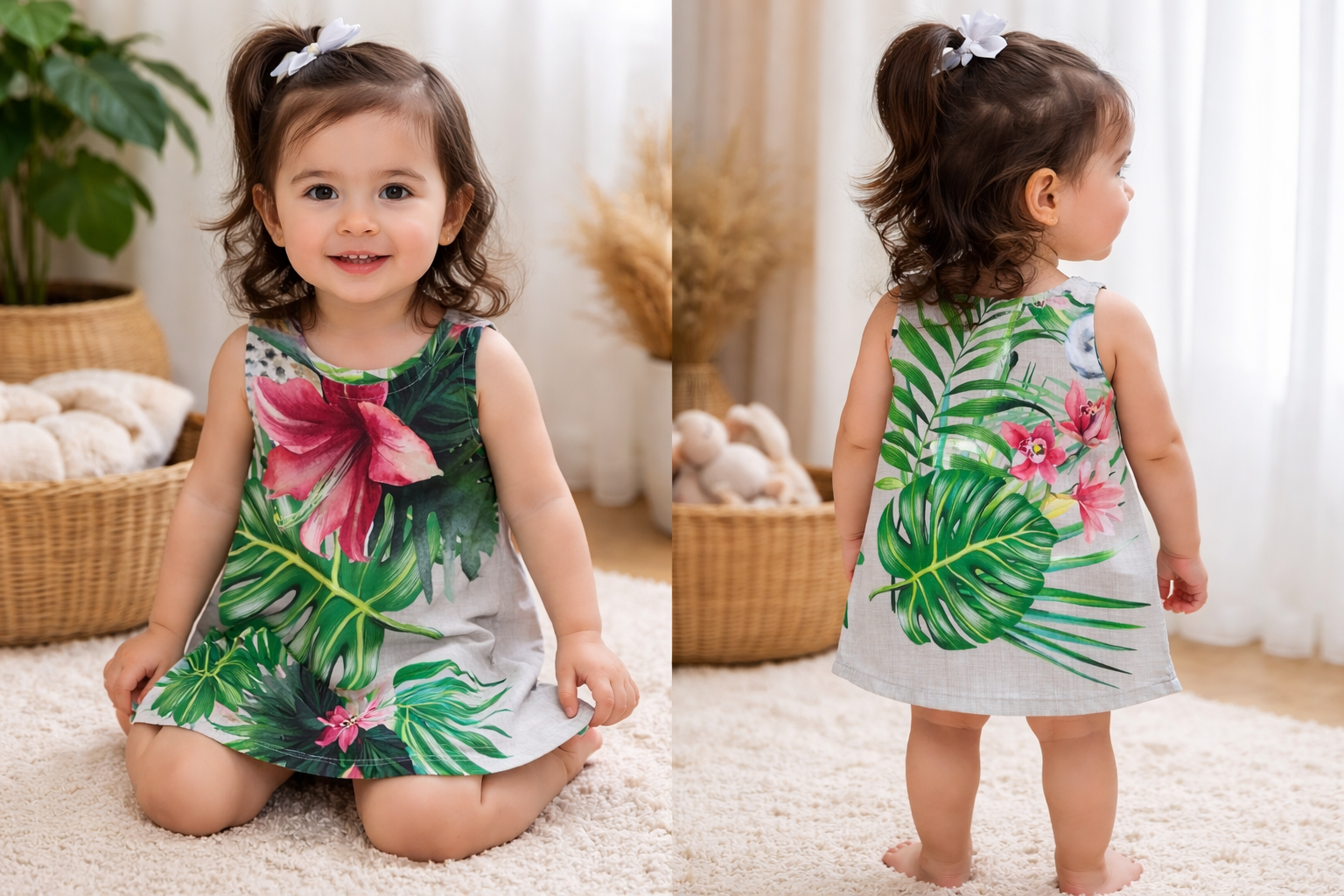 Baby in grijze romper met roze en groene bladprint, liggend op de buik en rug op een zachte deken.