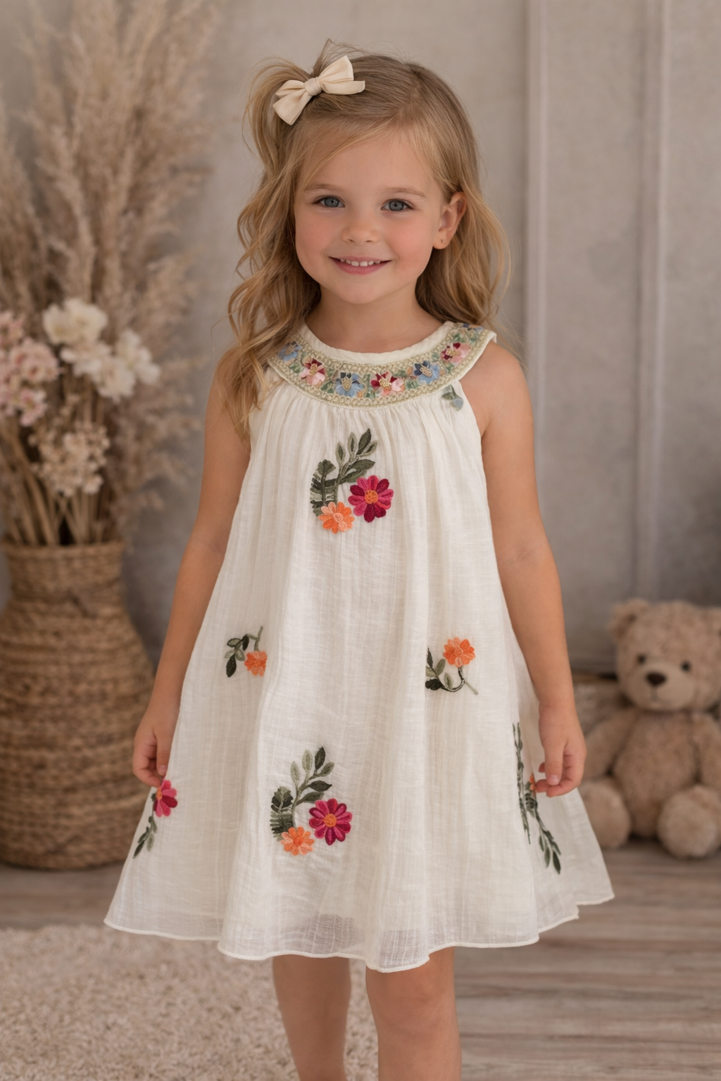Jong meisje in een witte jurk met bloemenprint staat binnen te glimlachen in een rustieke studio-omgeving.