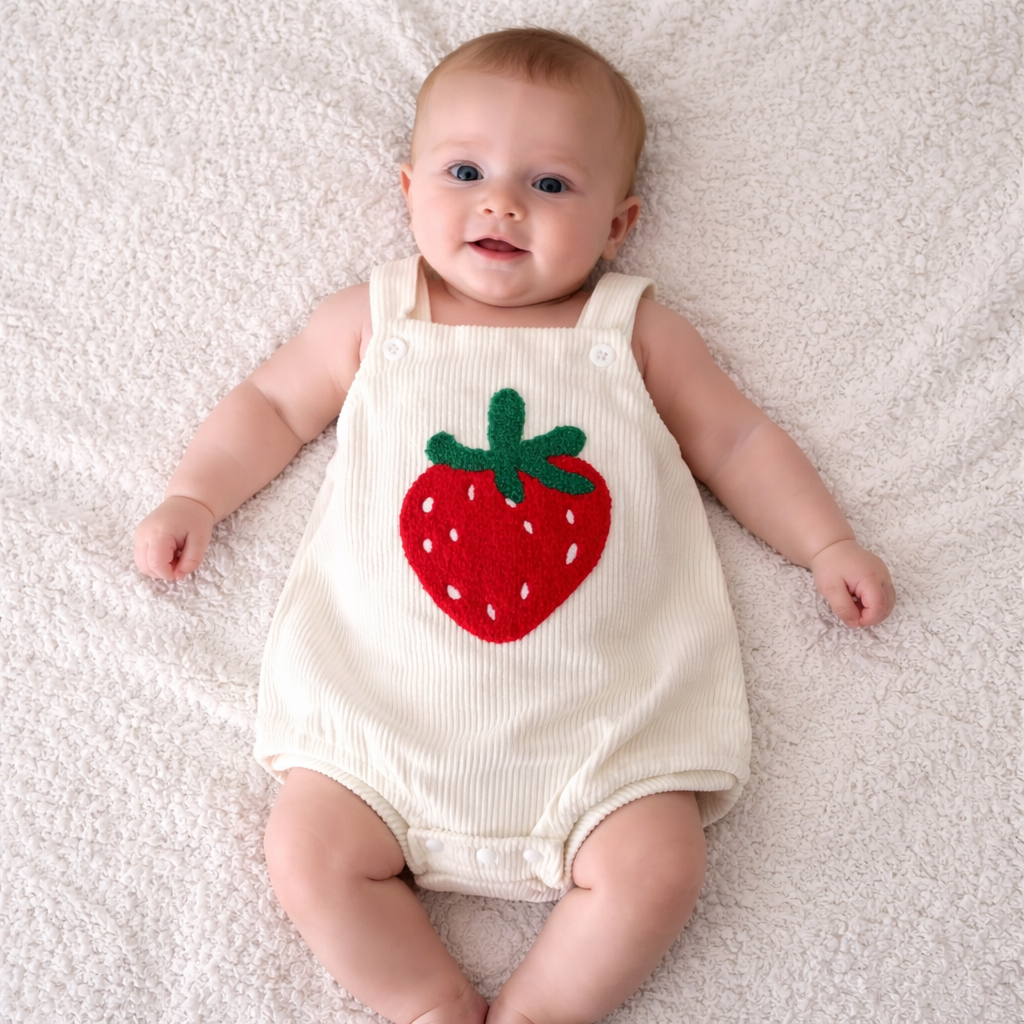 Lachende baby in een bruine overall met een rood-witte paddenstoel op een crèmekleurige deken.