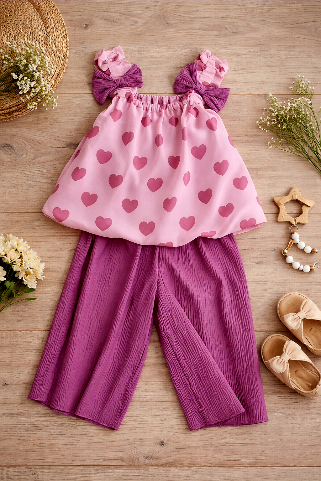 Roze babyoutfit met hartjesprint, bestaande uit een geplooide top en een paarse broek, op een houten achtergrond.