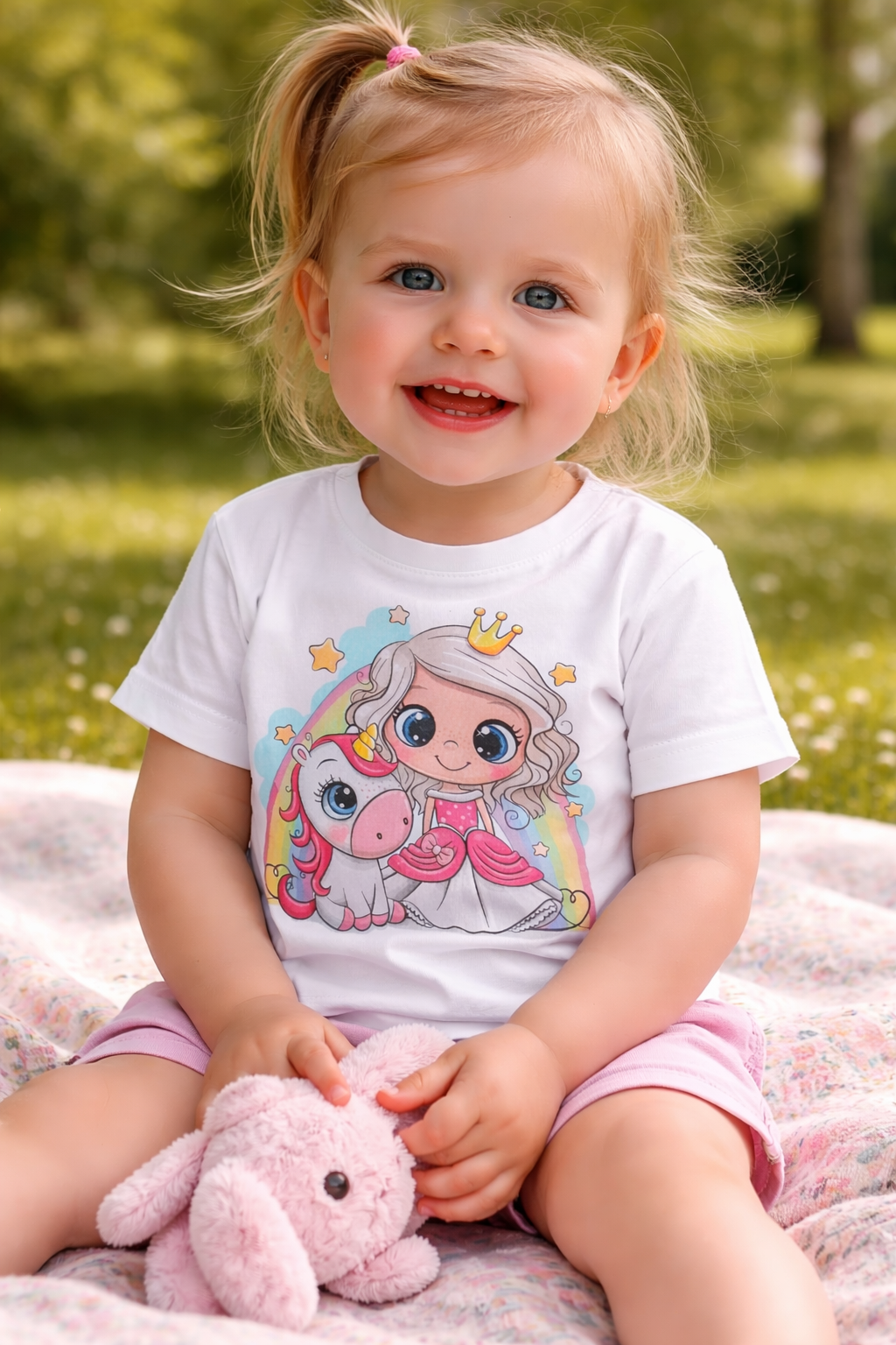 Een lachend kind in een wit shirt en roze korte broek zit buiten met een roze knuffelkonijn.