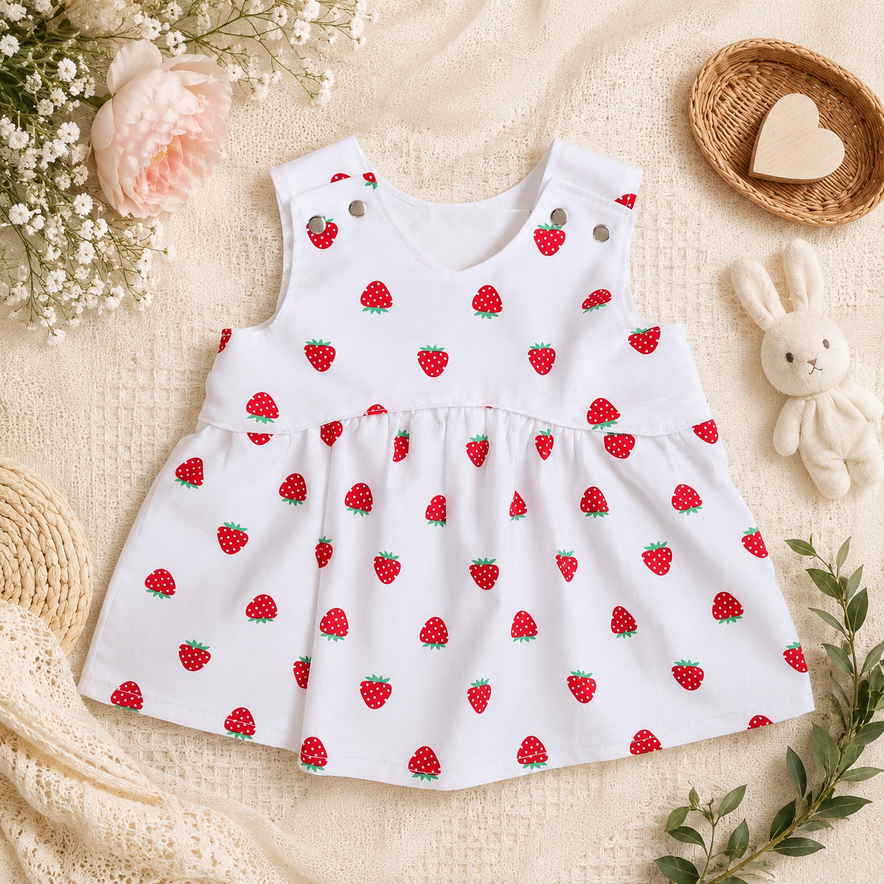 Een lachende baby in een wit jurkje met aardbeienprint en een hoofdbandje ligt op een zachte crèmekleurige deken.