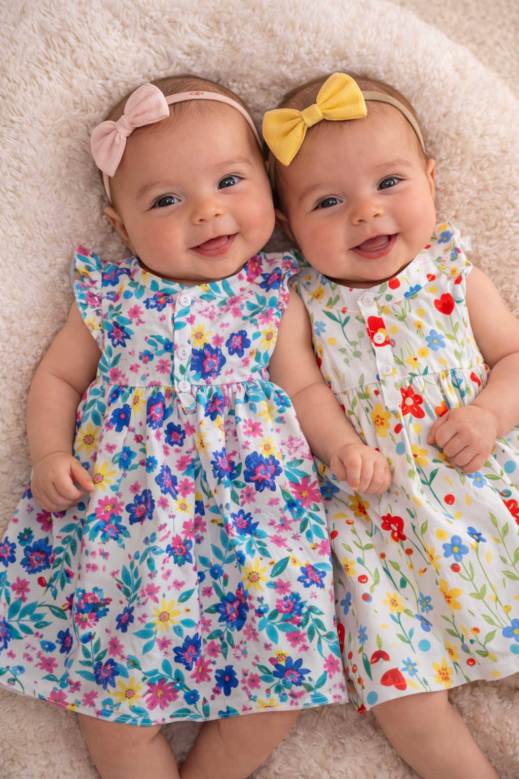 Twee lachende baby's in jurkjes met bloemenprint en strikjes liggen naast elkaar op een zachte deken.