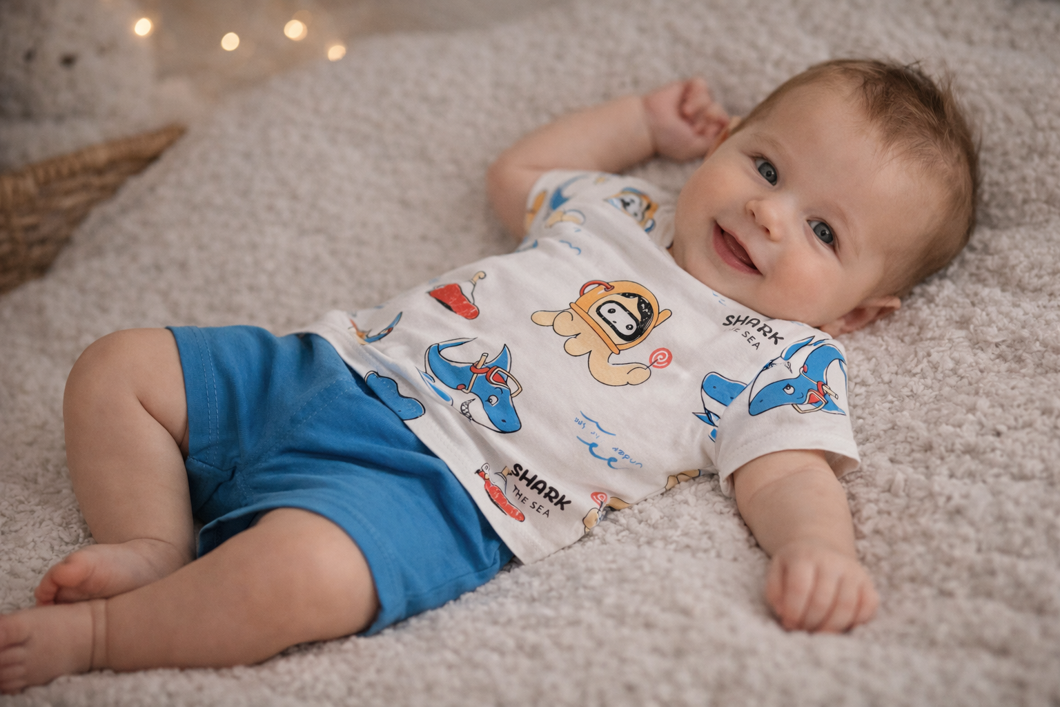De baby ligt op een zachte deken, draagt ​​een wit shirt met print en een blauwe korte broek, en kijkt naar de camera.