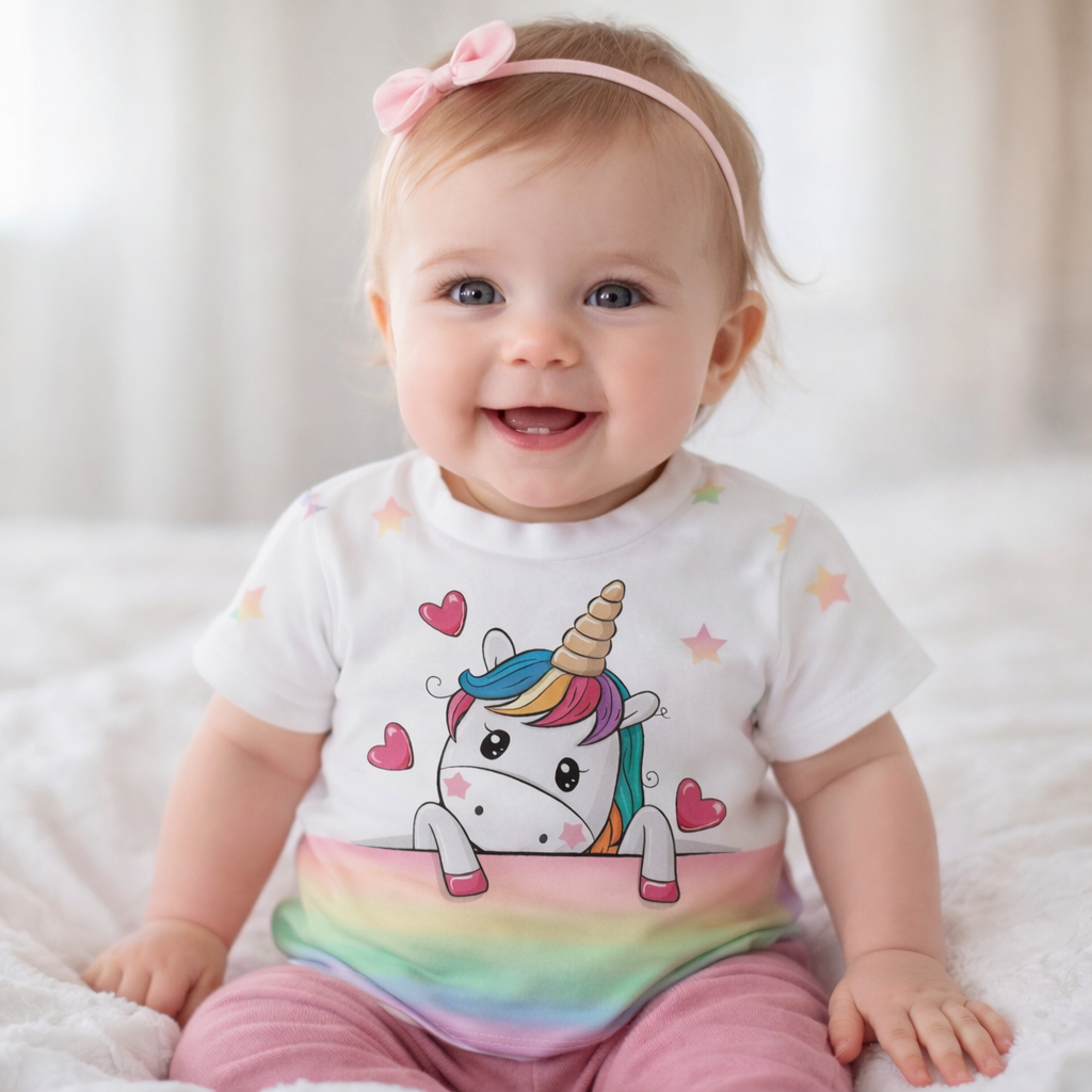 Een lachende baby in een wit shirt met eenhoornmotief en een regenboogbroekje zit op een bed met een roze haarband.