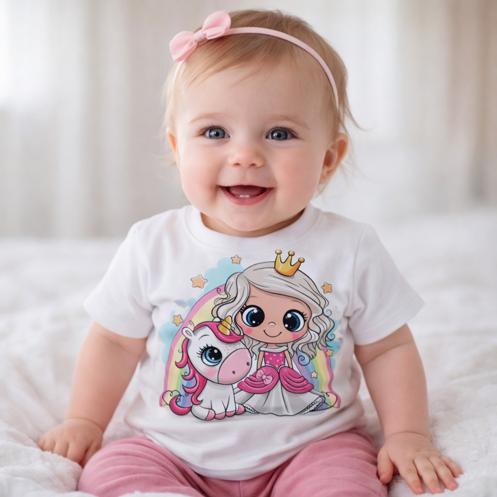 Een lachende baby met een roze hoofdband en broekje, die een wit T-shirt met een cartoonprint draagt, zit op een bed.