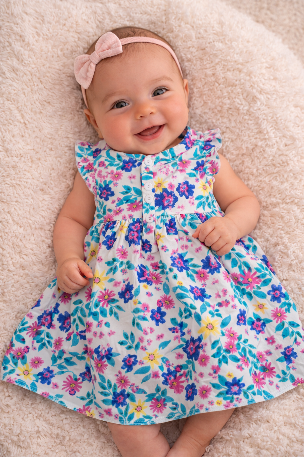 Twee lachende baby's in jurkjes met bloemenprint en strikjes liggen naast elkaar op een zachte deken.
