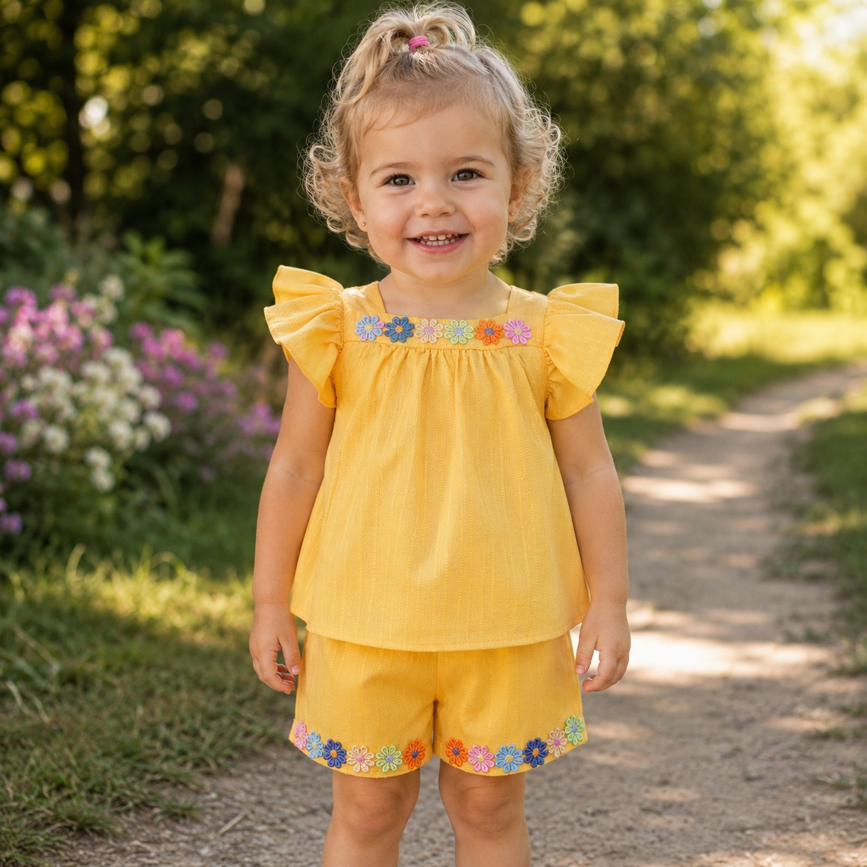 Een lachend baby'tje ligt op een zachte beige deken, gekleed in een geel bloemenpakje en een bijpassende strik in haar haar.