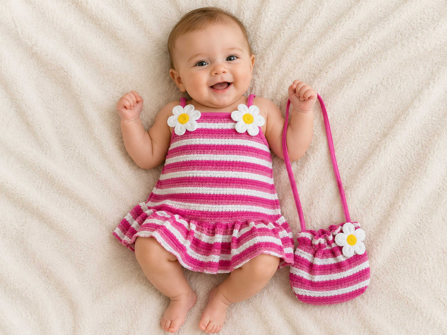 Lachende baby in een roze gestreept jurkje met bijpassend tasje op een witte deken.